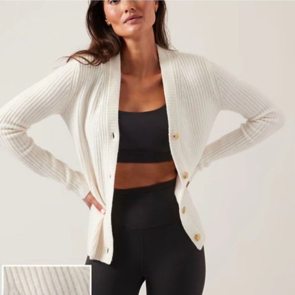 Athleta Womens Layover Cardigan Size M Wool Blend Cream V Neck Cream NEW W TAG - Picture 2 of 16
